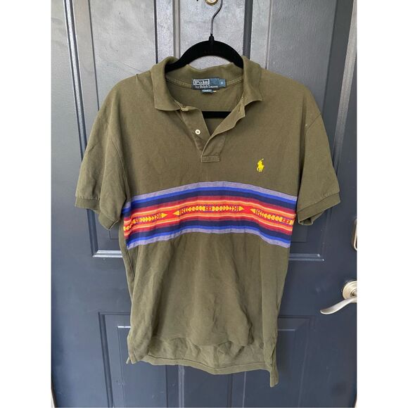 Polo Ralph Lauren Polo Shirt Army Green w/ Tribal Stripe, Sz Small, MP $150 - Picture 1 of 9
